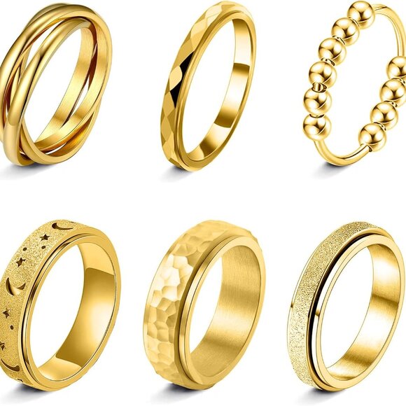 Fidget Rings Stainless Steel 6pcs Unisex Anxiety Spinner Bands Jewelry - Picture 1 of 5